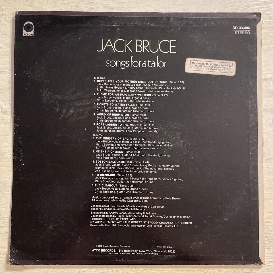 Jack Bruce Songs For A Tailor LP ATCO Rare Club Edition 1969 Cream + Inner M-!!! Foto 4 de 4