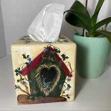 Handpainted Wooded Tissue Box Cover, Farmhouse Style, 5.5" cube