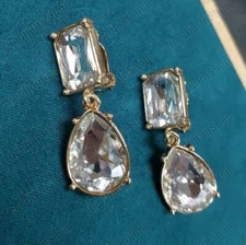 CLIP ON Retro 4cm CRYSTAL Drop EARRINGS Vintage Style GEOMETRIC Gold Fashion