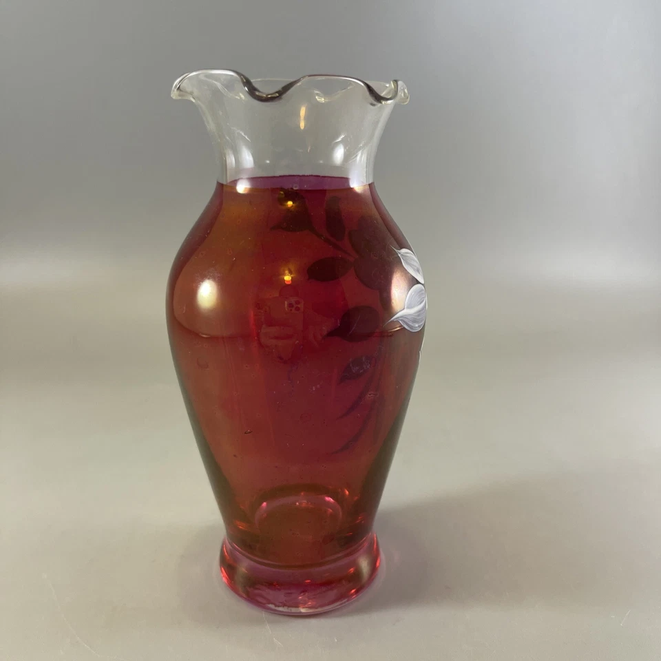 Westmoreland Glass Ruby Flash Red Vase Hand Painted Rose 5.5 In. Tall Vintage - Image 4 of 4