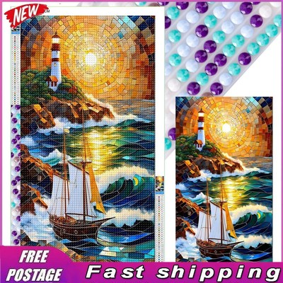 5D DIY Full Round Drill Stained Glass Diamond Painting Sailboat Home Art 40x70cm