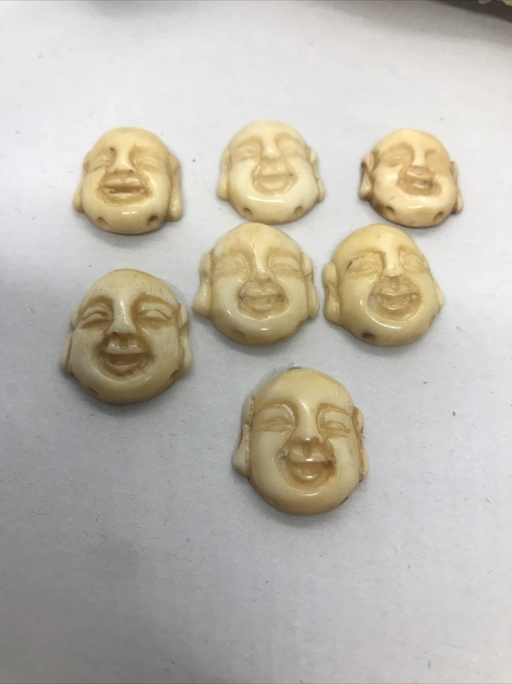 7 Piece Antique/Vintage Hand carved Chinese Laughing Budha Head Bracelet Links - Image 2 of 4