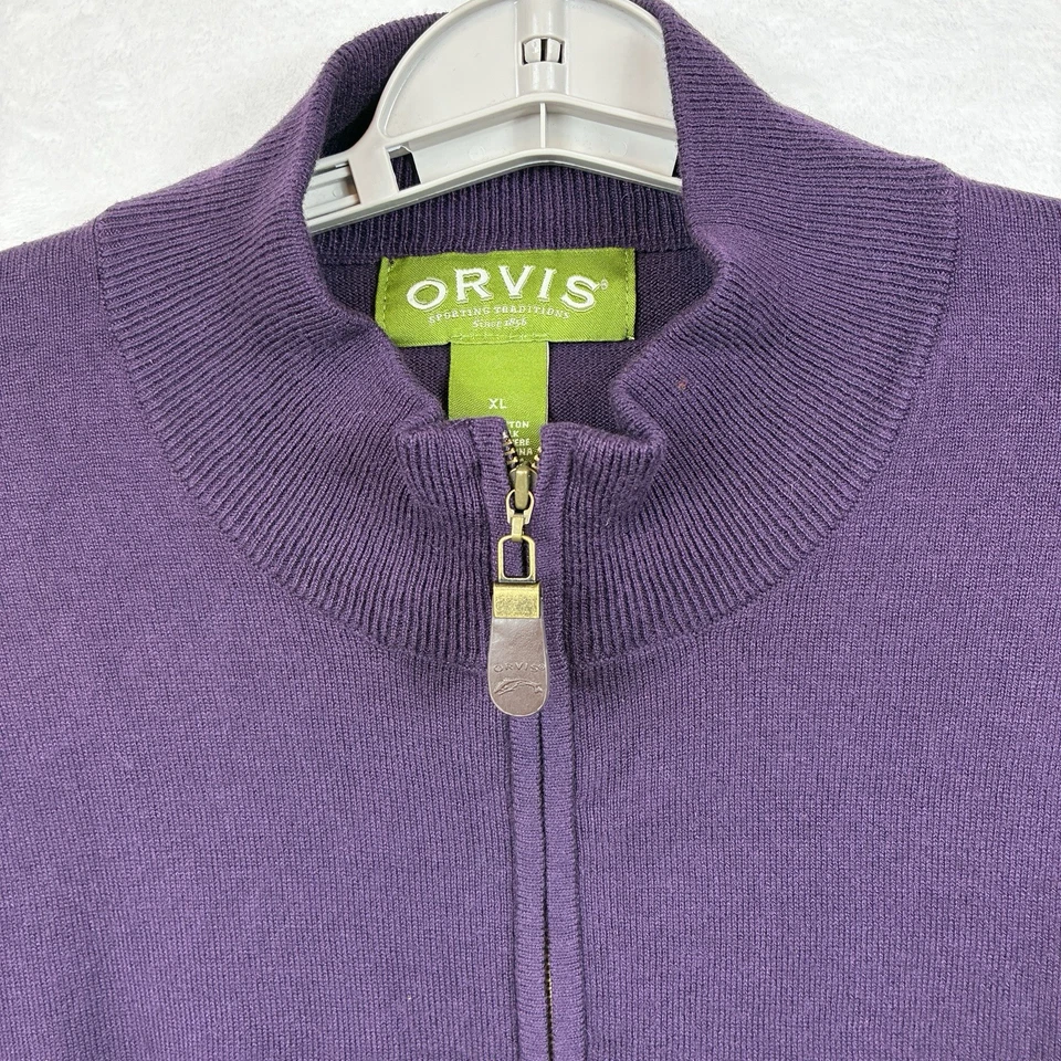 Suéter Orvis Para Hombres XL Púrpura 1/4 Cremallera Algodón Seda Cachemira Cuero Tirador Foto 3 de 4