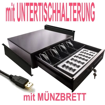 BLITZKASSE USB Kassenlade mit Münzbrett & 2 x Untertischhalterungen Li+Re – für Büro Hotel