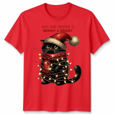 Festliche schwarze Katze Weihnachten T-Shirt lustig hässlich Unisex lustig Urlaub Tee #MC44