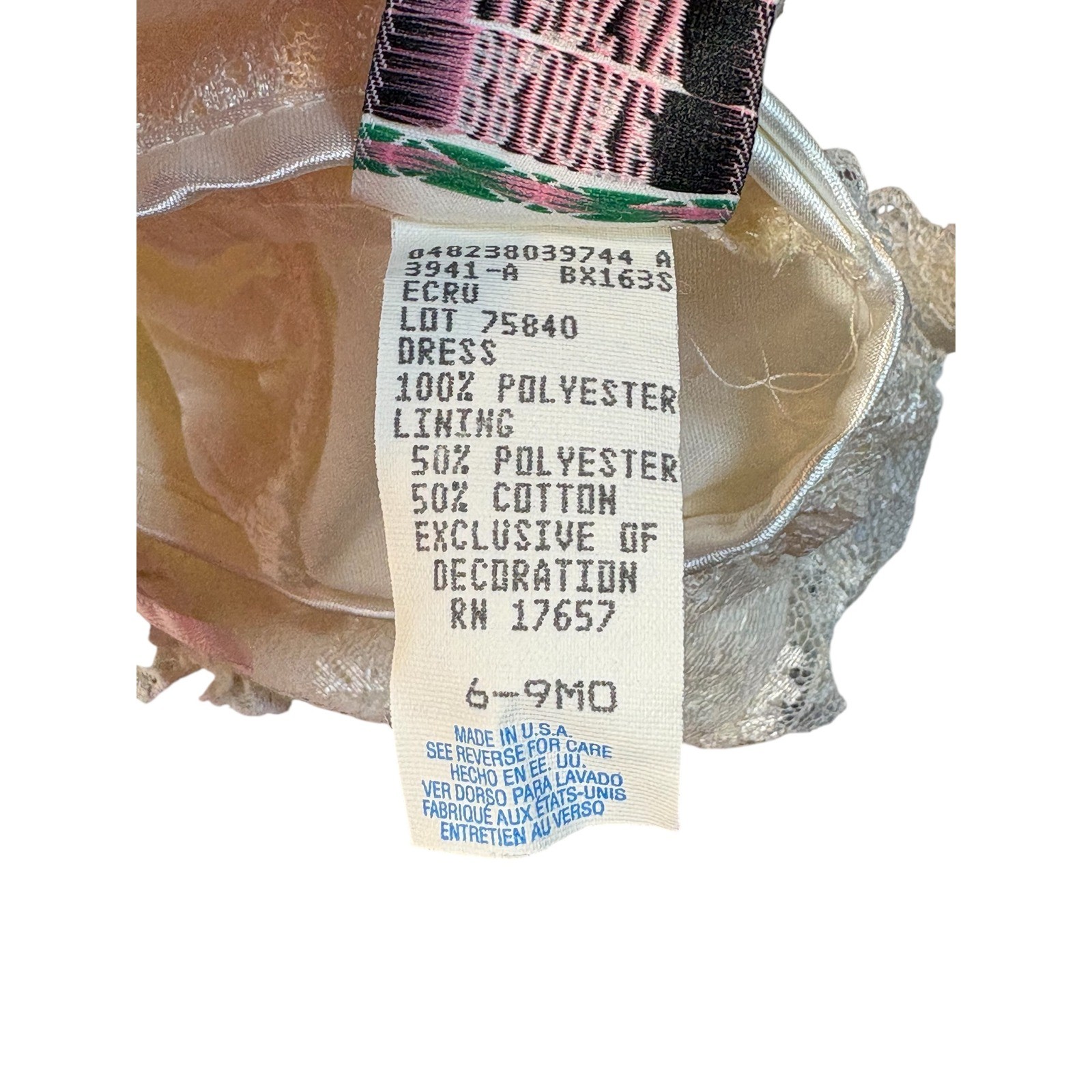 Vintage Brooke Lindsay Baby Dress Lace Ivory Pink Rose Ribbon Ruffles Size 6-9M