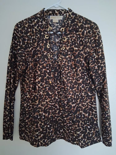 Blusa tunica Michael Kors con lacci e occhielli oro stampa animalier taglia L