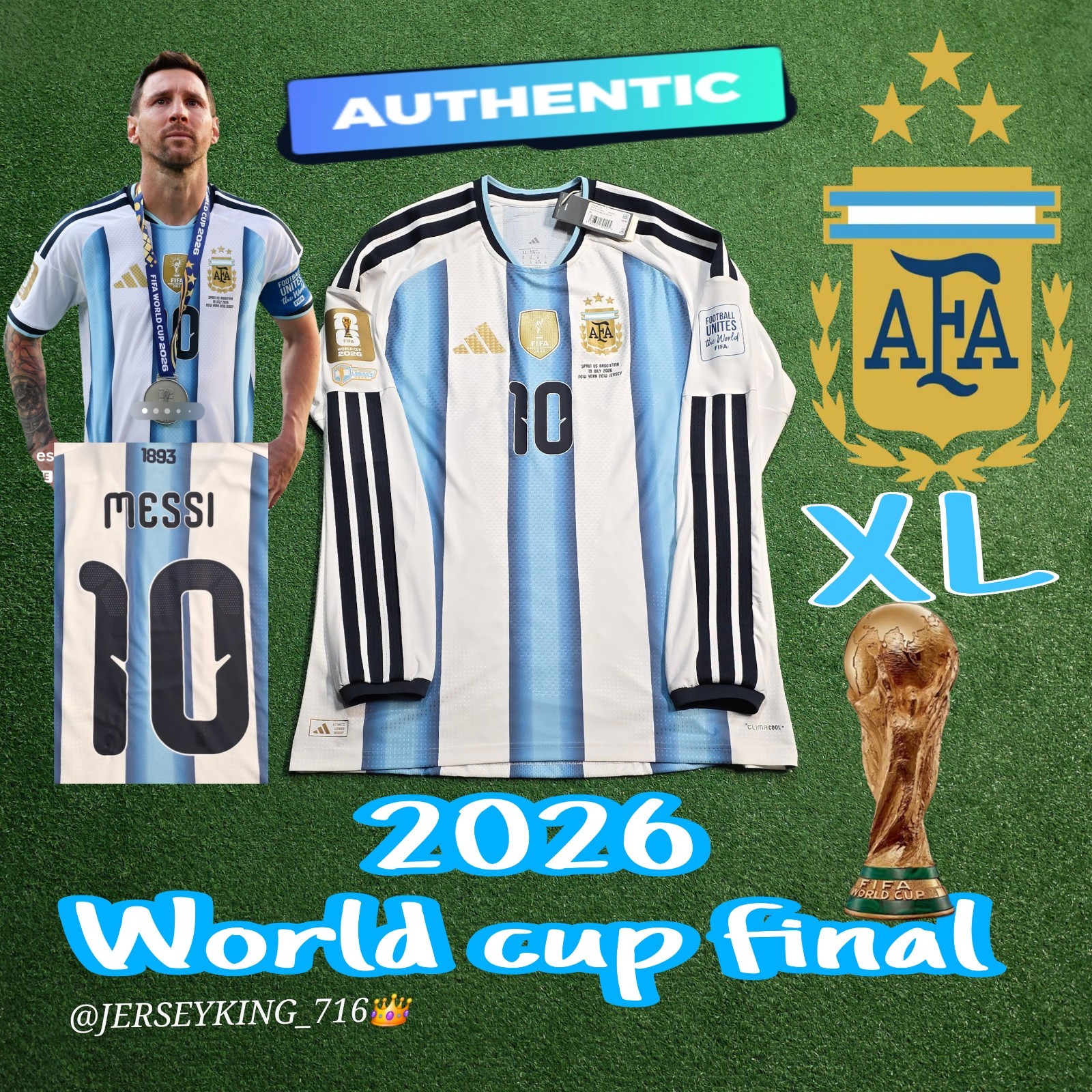 Adidas Argentina Lionel Messi #10 2026 World Cup Final Authentic LS Jersey New
