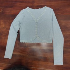 Heather Gray Lace-Trimmed Ribbed Knit Button-Front Long Sleeve Bolero Cardigan/b