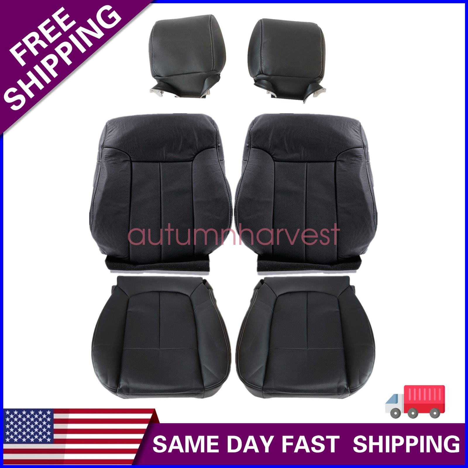 For 2009-2014 Ford F150 Front Bottom & Top Seat Cover Black + Headrest Cover