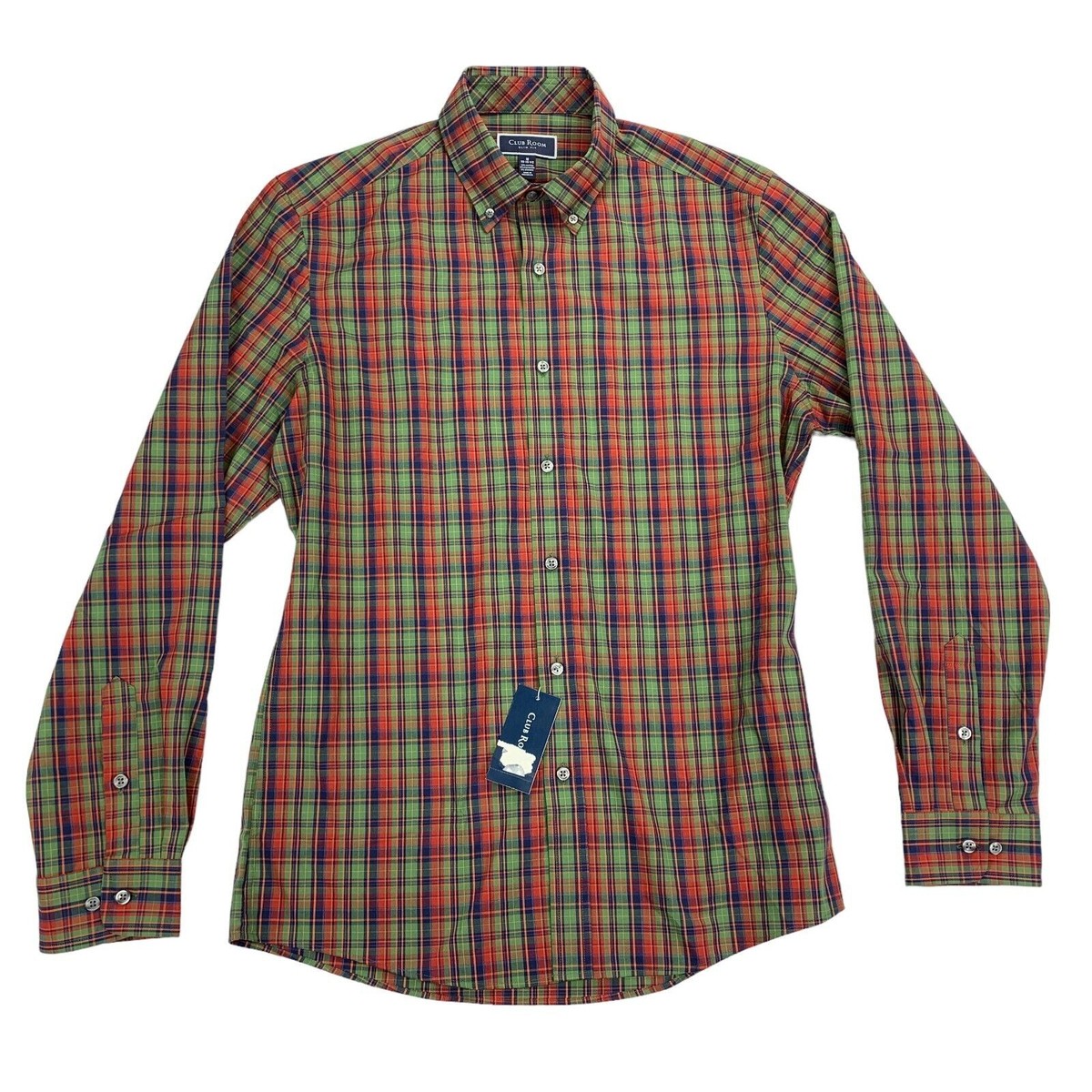 Club Room Mens Slim Fit 4-Way Stretch Plaid Dress Shirt Red Green M 15-15.5  | eBay
