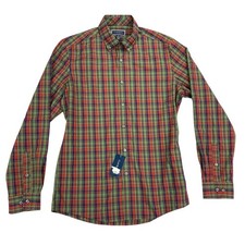 Club Room Mens Slim Fit 4-Way Stretch Plaid Dress Shirt Red Green M 15-15.5