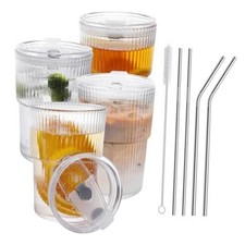 16 OZ Iced Coffee Cups with Lids and Straws Set of 4, Unbreakable 4 Pack