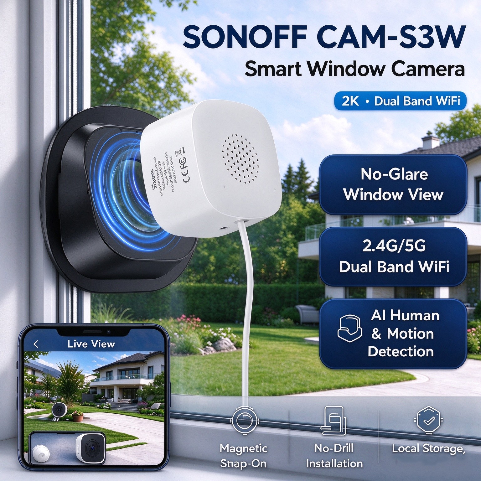 SONOFF 2K Indoor Window Security Camera 2.4G/5GHz WiFi Night Vision AI Detection
