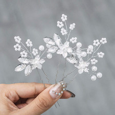 Crystal Bride Wedding Hair Pins Silver Flower Bridal Head Piece Pearl Hair Ac...