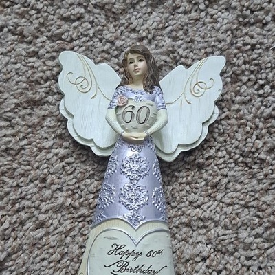 Elements Angel Figurine 60th Birthday Silver Cream Resin Hand Painted Modern