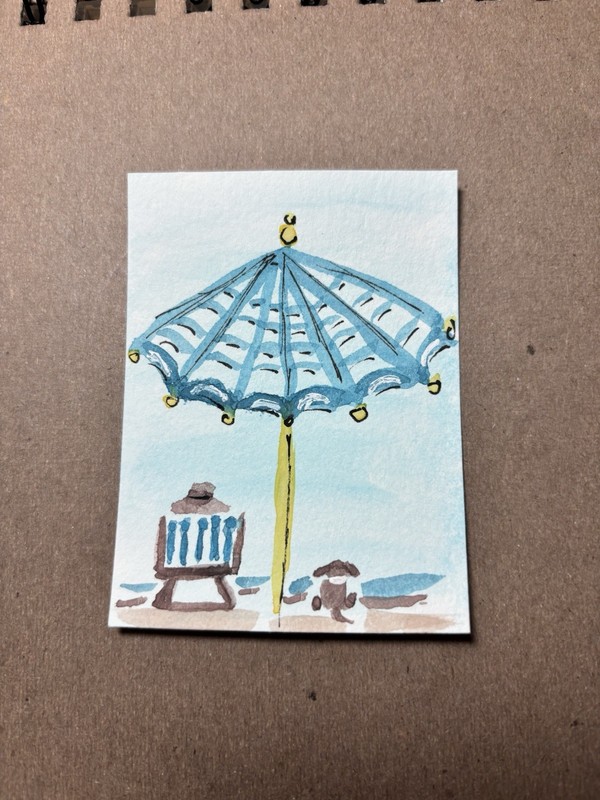 Watercolor Beach Umbrella & Chair Painting, Small Paper Unframed Seascape