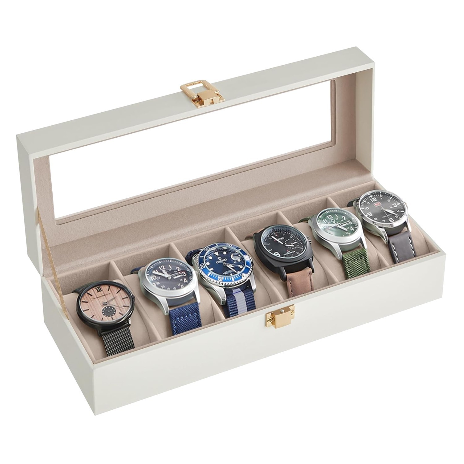 Elegant 6-Slot Watch Display Box with Clear Glass Lid and Removable Pillows