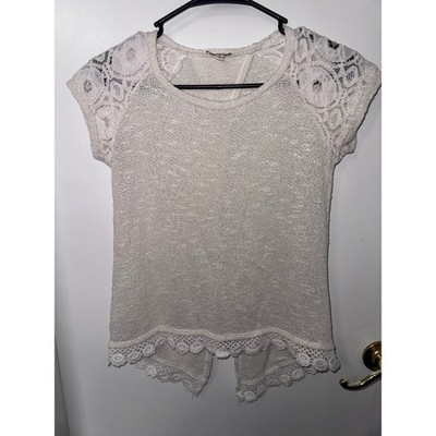 Lily White Ivory Knit Lace Shoulder Open Back Crochet Trim Top Small Womens