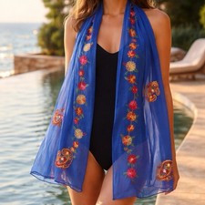 Wrap Blue, Embroidered With Assorted Flowers Long Scarf Shawl elegant pashmina