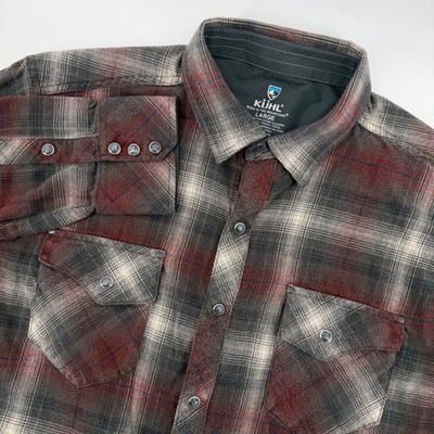 Kuhl Men Large Plaid Flannel Long Sleeve Pearl Snap Button Shirt Warm Red Gray