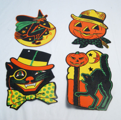 Lot of Vintage Halloween BEISTLE Embossed Die Cut Decorations Cat Witch 4 PCS