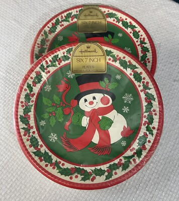 VTG Hallmark Snowman 7  Paper Plates (11) 1 Package Sealed 1 Open Missing 1 Ivy