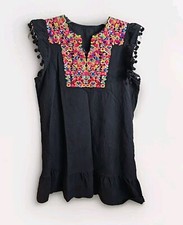 Shein Dress/Top  Womens Size M Black With Embroided Trim Ruffle Trim Sleeveless