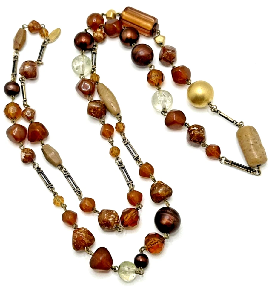 Винтажный экспресс ожерелье янтарь и коричневый бисер заявление 50» сделано в Италии - Изображение 2 из 4