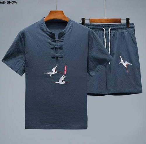 Men's Short Sleeves Shirts Cotton Linen Tops Pants Tang Suit Summer Shorts Relax - Picture 22 of 24