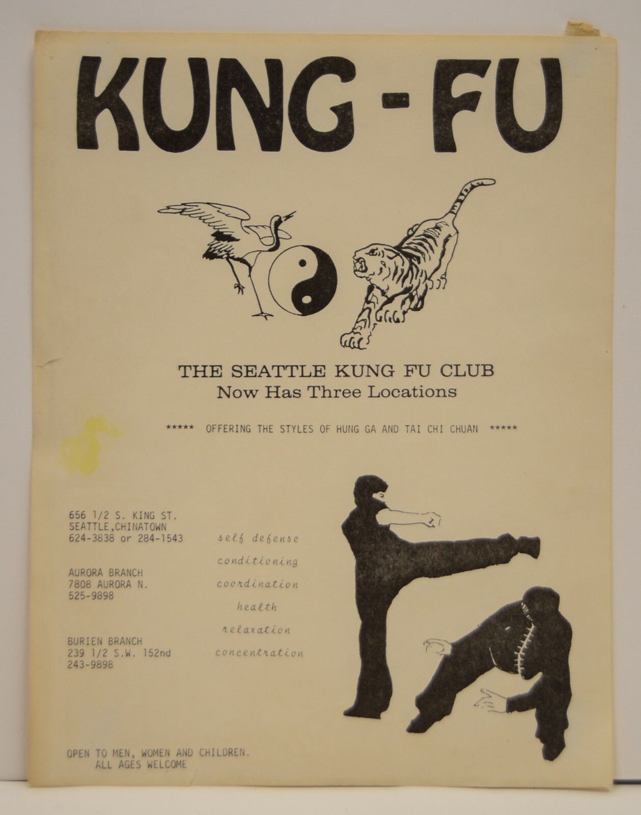 1970's Seattle Kung Fu Club Flyer Poster Martial Arts Chinatown Bruce