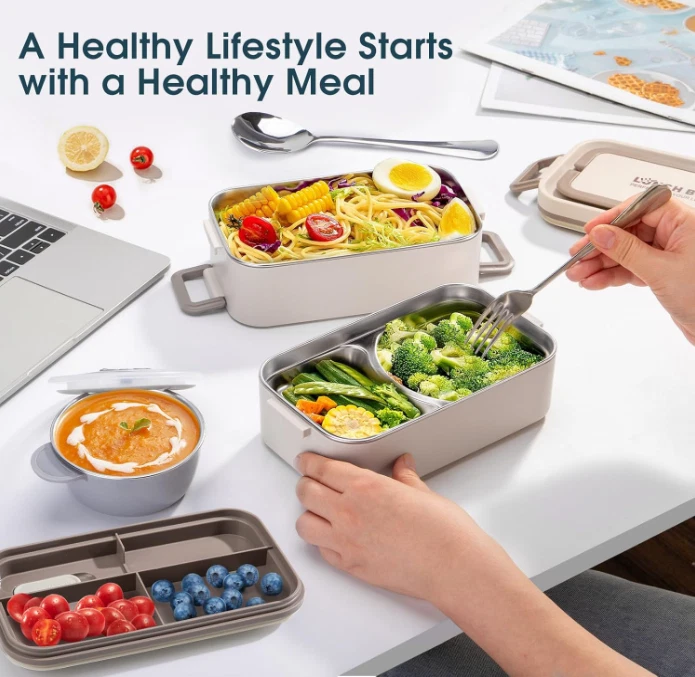 Bento Box Adult Lunch Box, Stackable 2 Layer 304 Stainless Steel Lunch Container