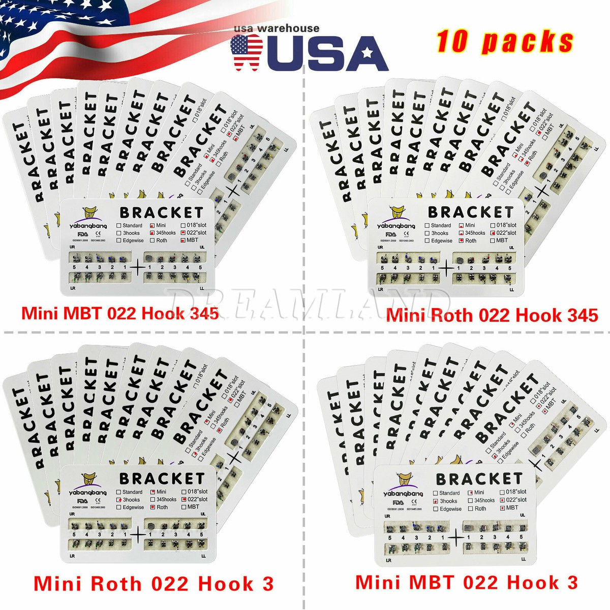 30 Sets De Brackets Orthodontiques Métal Mini Roth 0.22 Slot - Avec Crochets 345 - Neuf