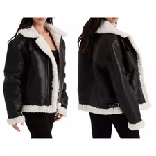 House Of Cb Madden Faux Leather Back Bomber Jacket Faux Shearling Trim Size S