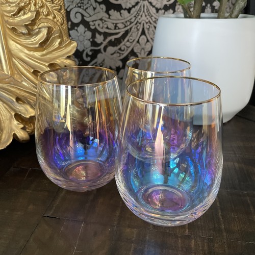 New 3 Set IRIDESCENT STEMLESS WINE GLASSES 20oz GOLD RIM RACHEL ZOE 5