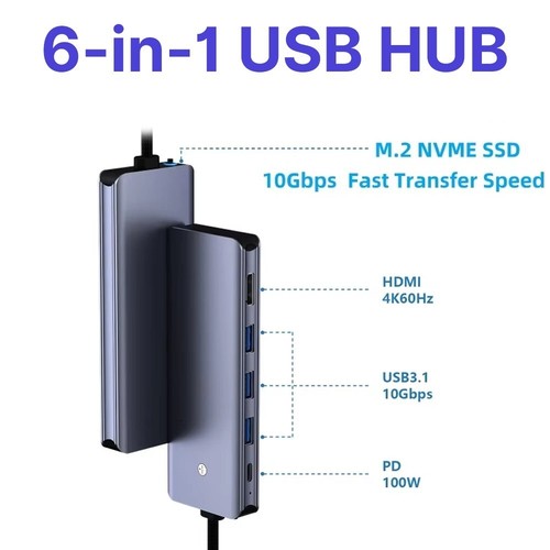 Type C USB HUB 6 in 1 with M.2 NVMe SSD Hard Drive Enclosure USB 3.0 PD for PC - 第 2/7 張圖片