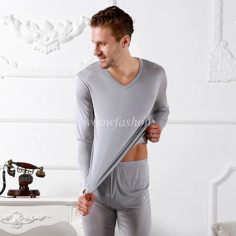 Men Silk Long Johns V-Neck Mulberry Silk Long Underwear Thermal Undewear  Sets