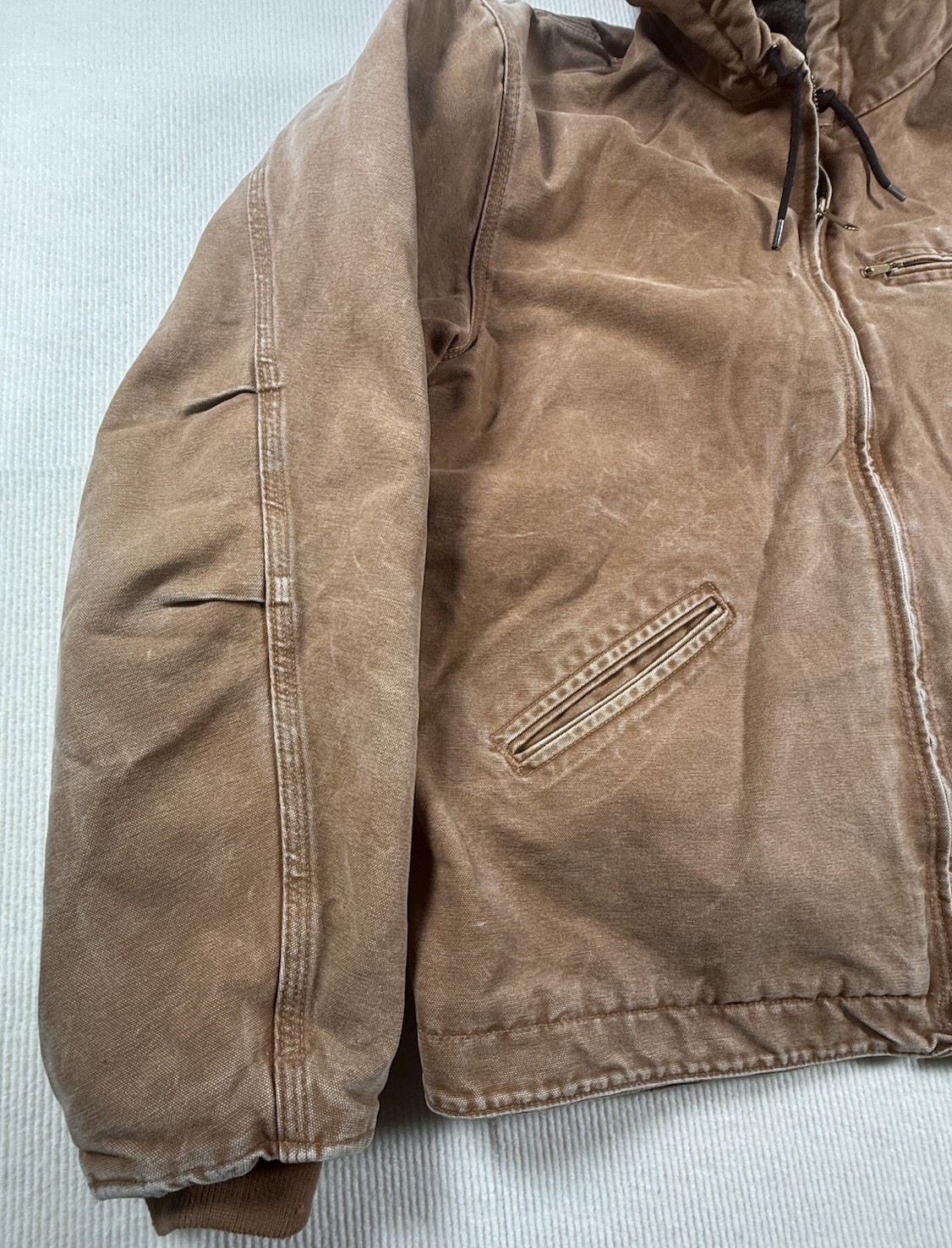 Vintage Carhartt Distressed Tan J141 BRN Sherpa lined sandstone Hooded Jacket image 3