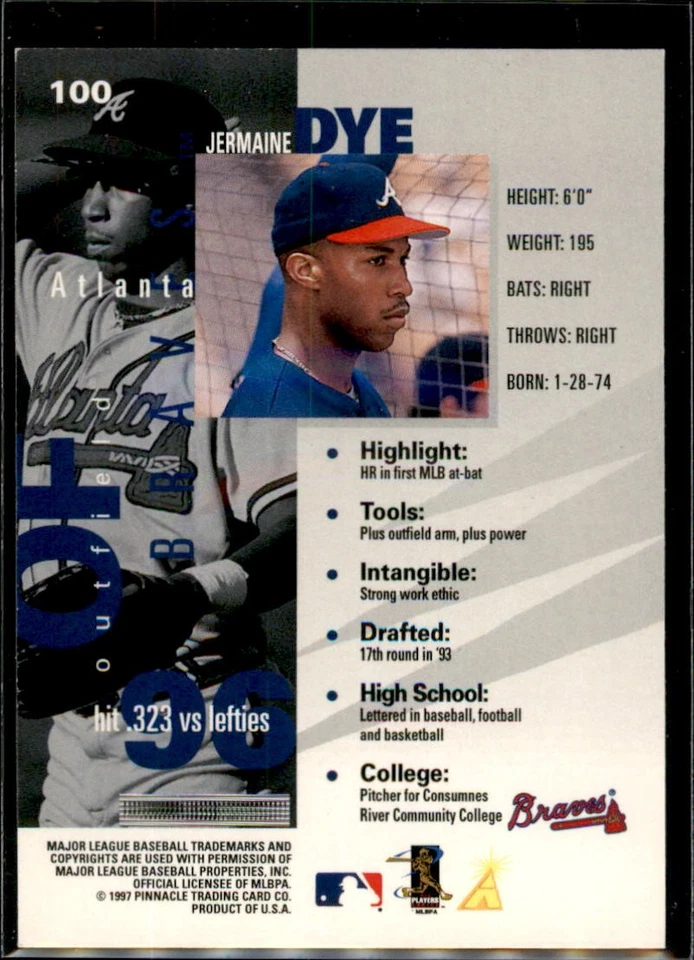 1997 Pinnacle Inside #100 Jermaine Dye - Image 2 of 2