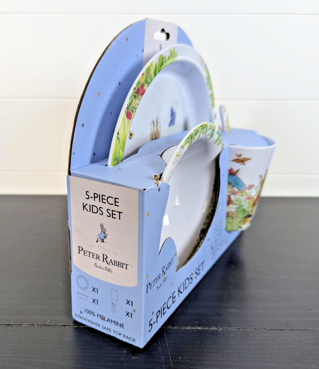 Peter Rabbit 5 Pc Kids Dinner Set Melamine Plate Bowl Cup Cutlery