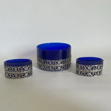 Vintage Cobalt Blue Glass & Silver Open Salt Cellars- Master & Table Set - Italy