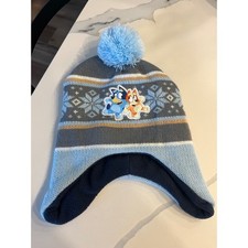 Bluey and Bingo Kids Winter Beanie Hat with Pom Pom Snowflake Pattern Ear Flaps