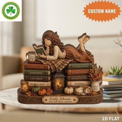 Personalized Fall Book Lover Wooden Block, Custom Reading Girl Wooden Plaque