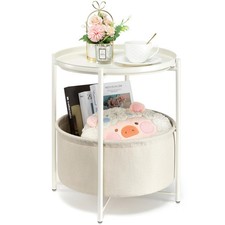 danpinera Round Side Table with Fabric Storage Basket, Metal Side Table Small