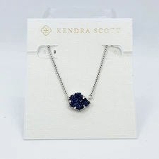 New Kendra Scott Tess Silver Pendant Necklace In Dark Blue Drusy