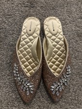 Birdies The Swan Jeweled Mules Pointed Flats Champagne Gold Sparkle Women 8 NWOT