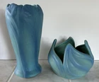 VAN BRIGGLE  TURQUOISE TULIPS VASE 9.5" TALL  & TULIP FLOWER  VASE/ BOWL  5"TALL