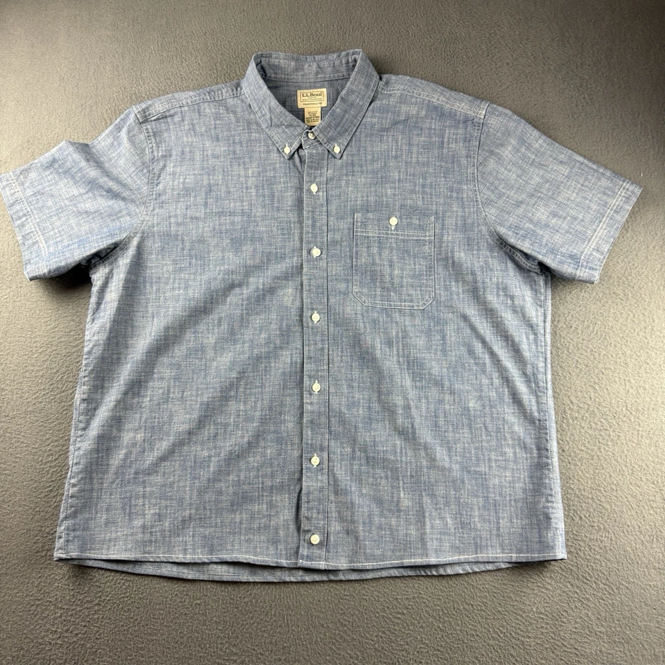 LL Bean Shirt Men's XL Blue Chambray Comfort Stretch Traditional Fit Pocket - Image 2 of 4