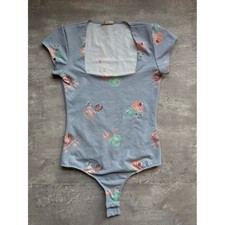 Free People Intimately Floral Bodysuit Blue Peach Mint Square Neck XS 90s Style