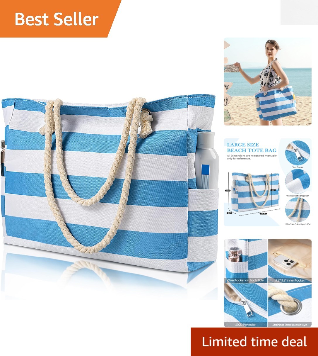 Waterproof Sandproof Beach Tote Bag for Women with Zipper Large Swim Bag
